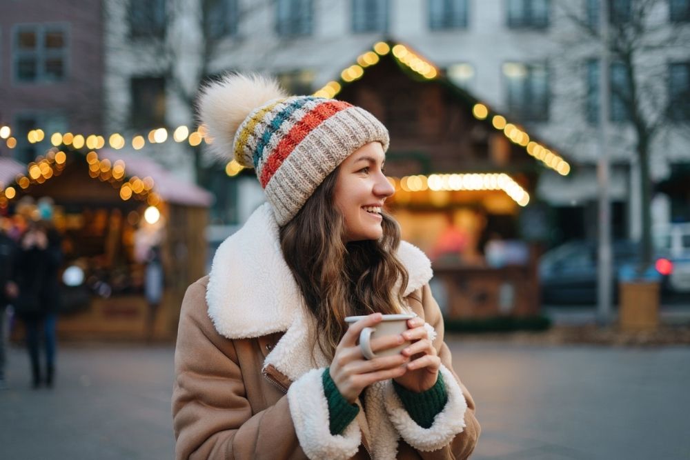 A woman stands outdoors at a festive holiday market, smiling warmly while holding a hot drink. She wears a cozy coat and colorful knit hat, with twinkling lights and decorated stalls glowing in the background.
